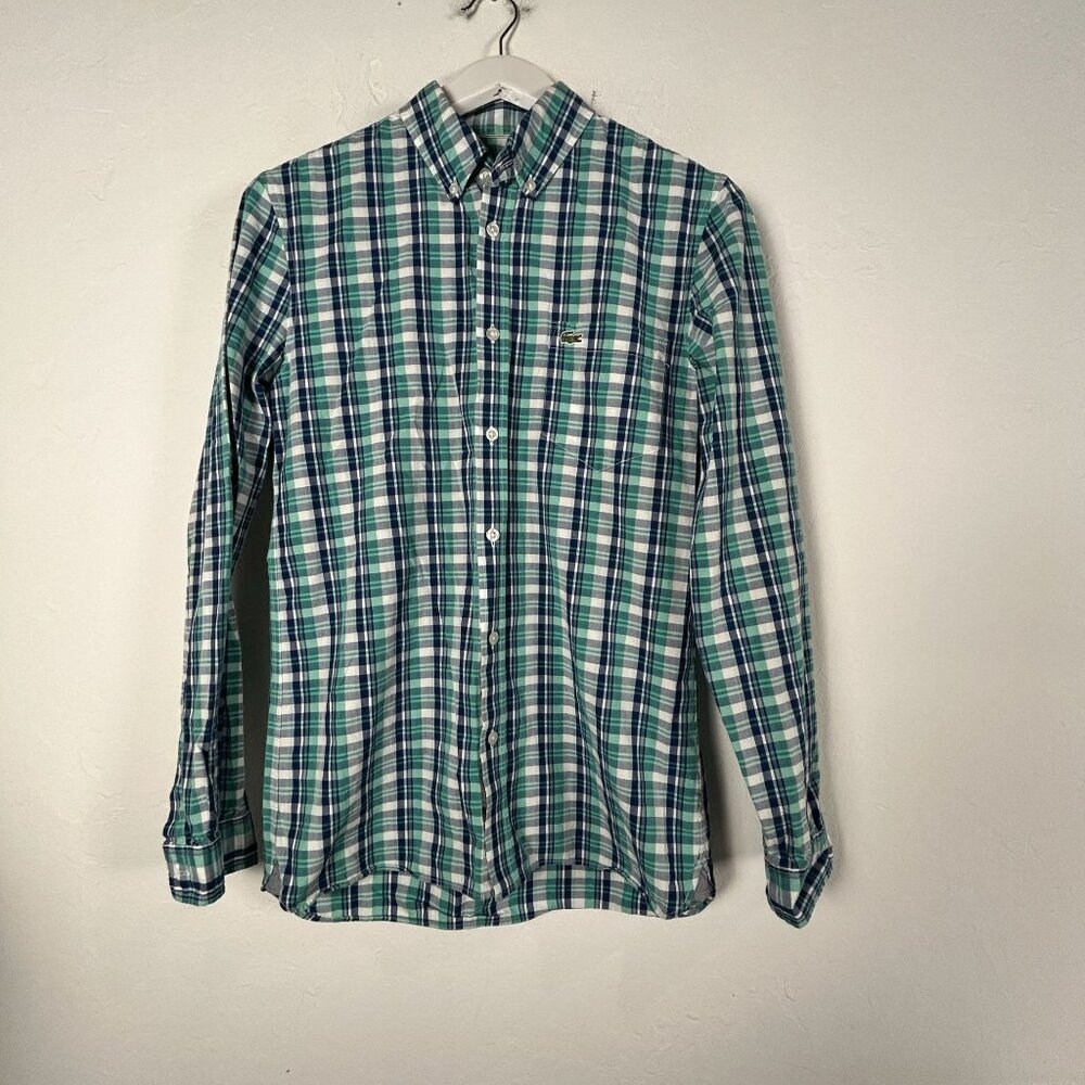 Lacoste Mens Slim Fit Green & Blue Plaid Long-Sleeve Button-Down Shirt Small